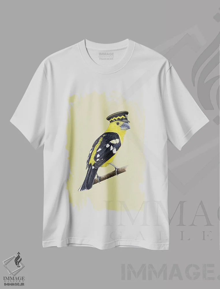 تیشرت سفید طرح دار – تیشرت حیوانات ,"دارکوب طلایی" اثر میخائیل ودرنیکوف immage.ir