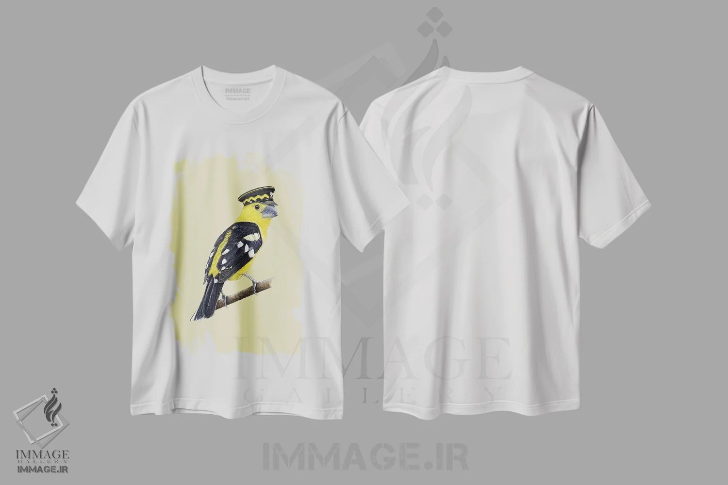 تیشرت سفید طرح دار – تیشرت حیوانات ,"دارکوب طلایی" اثر میخائیل ودرنیکوف immage.ir