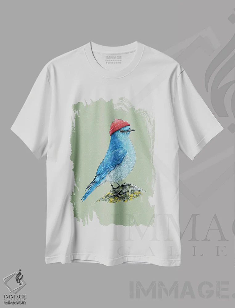 تیشرت سفید طرح دار – تیشرت حیوانات ,"مرغ آبی کوهستانی" اثر میخائیل ودرنیکوف فروشگاه ایماژ