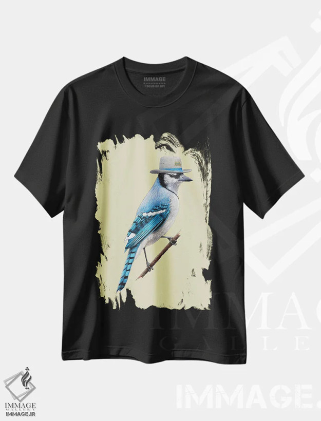 تیشرت مشکی طرح دار – تیشرت هنری ,"مرغ زنگی آبی " اثر میخائیل ودرنیکوف فروشگاه ایماژ
