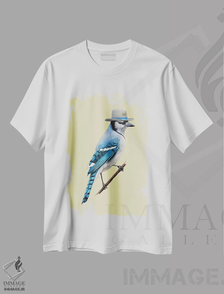 تیشرت سفید طرح دار – تیشرت هنری ,"مرغ زنگی آبی " اثر میخائیل ودرنیکوف immage.ir