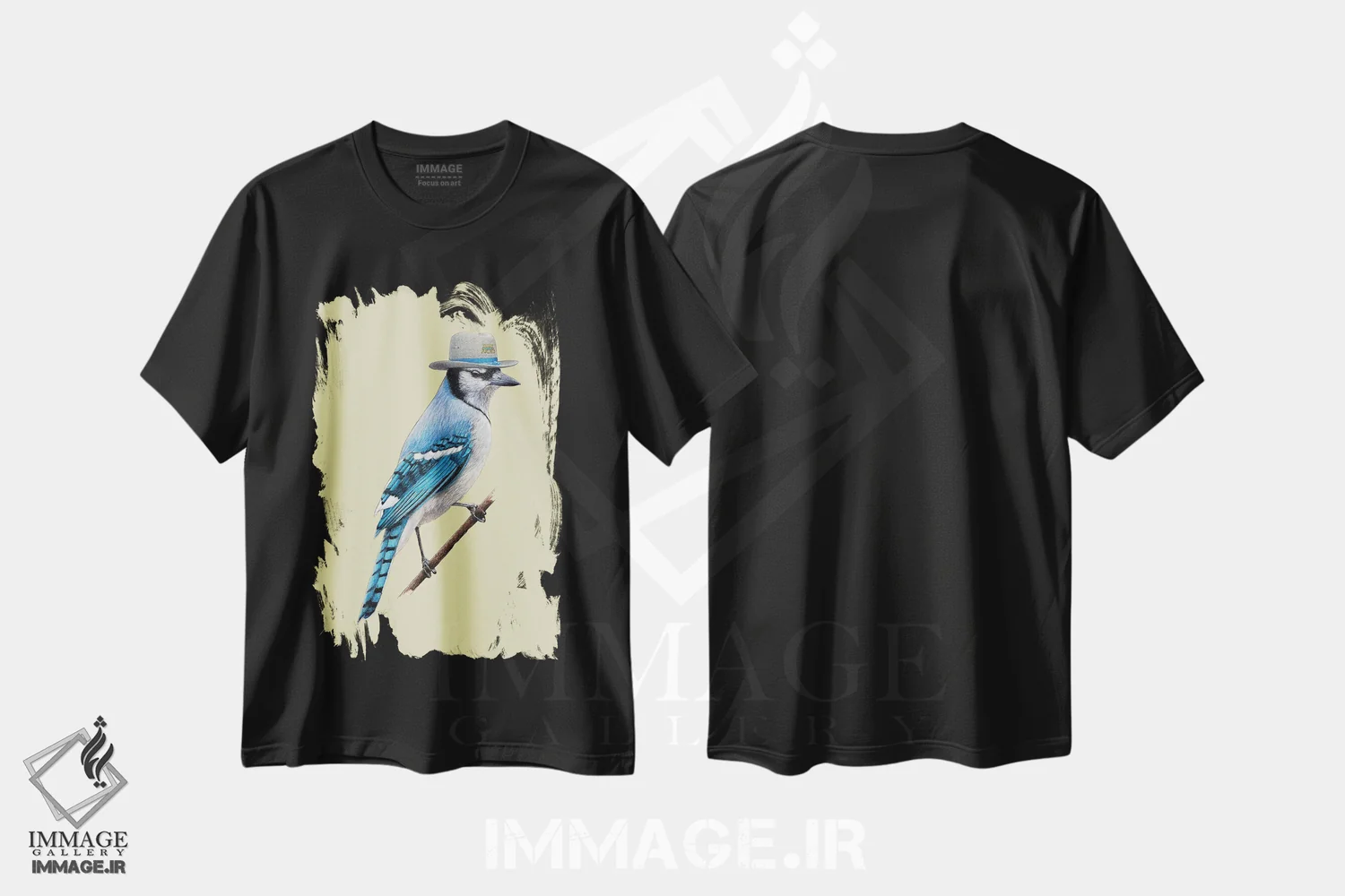 تیشرت مشکی طرح دار – تیشرت هنری ,"مرغ زنگی آبی " اثر میخائیل ودرنیکوف فروشگاه ایماژ