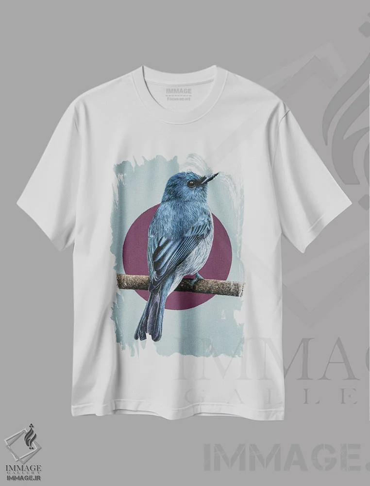 تیشرت سفید طرح دار – تیشرت پرندگان ,"مگس گیر آبی مات" اثر میخائیل ودرنیکوف فروشگاه ایماژ