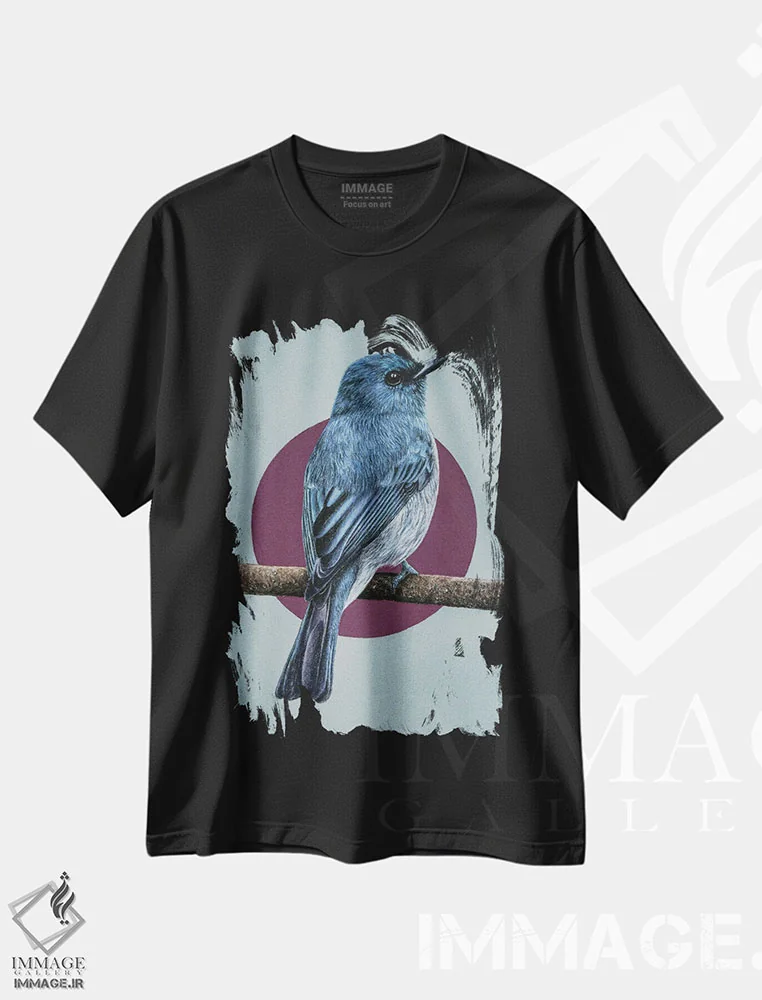 تیشرت مشکی طرح دار – تیشرت پرندگان ,"مگس گیر آبی مات" اثر میخائیل ودرنیکوف immage.ir