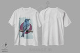 تیشرت سفید طرح دار – تیشرت پرندگان ,"مگس گیر آبی مات" اثر میخائیل ودرنیکوف فروشگاه ایماژ