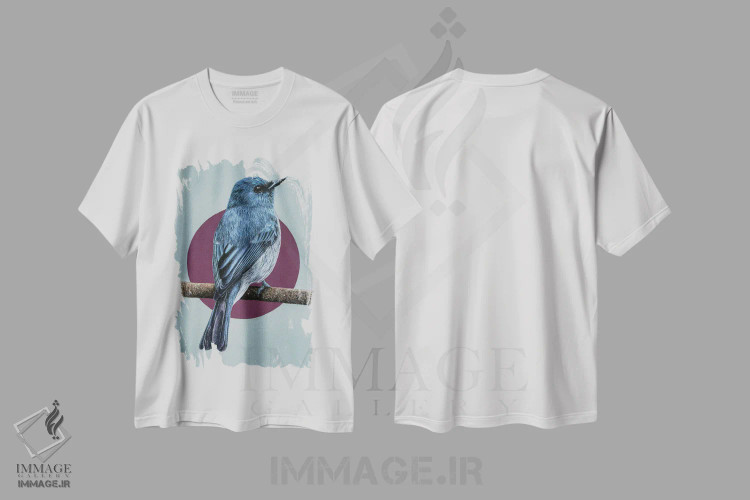 تیشرت سفید طرح دار – تیشرت پرندگان ,"مگس گیر آبی مات" اثر میخائیل ودرنیکوف فروشگاه ایماژ