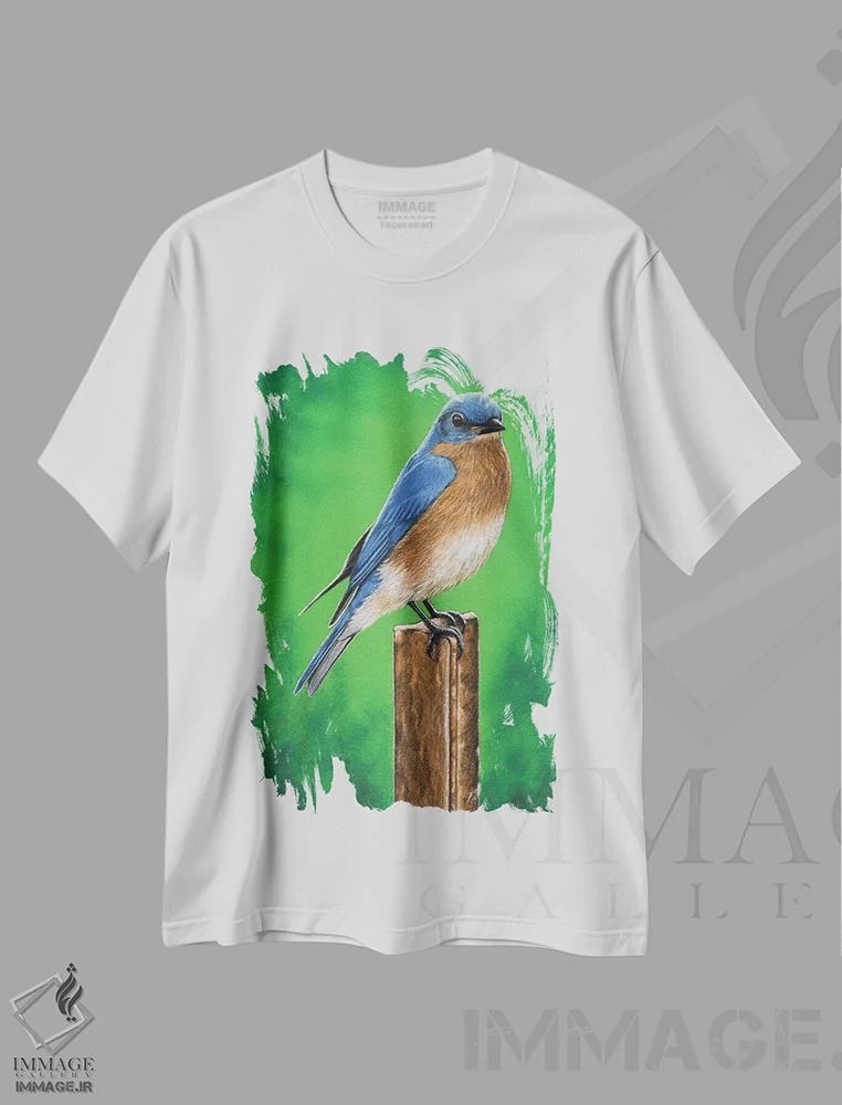 تیشرت سفید طرح دار – تیشرت پرندگان ,"مرغ آبی شرقی" اثر میخائیل ودرنیکوف فروشگاه ایماژ