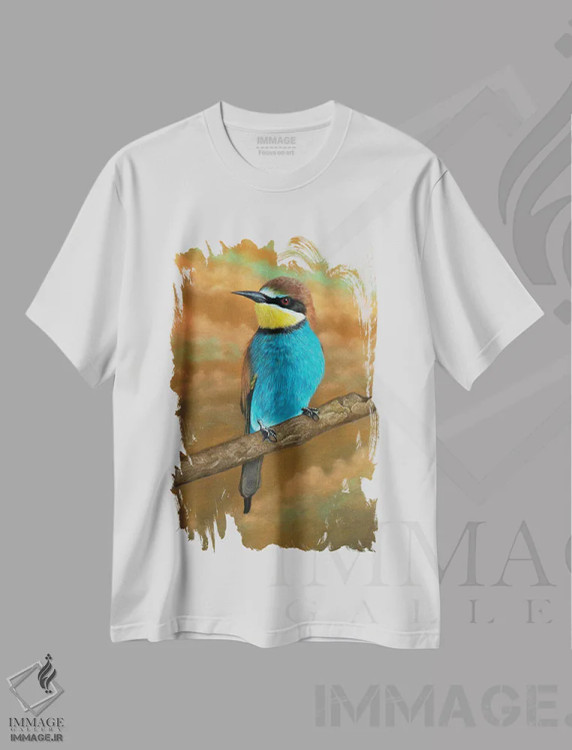 تیشرت سفید طرح دار – تیشرت پرنده ,"مرغ زنبوردار اروپایی" اثر میخائیل ودرنیکوف فروشگاه ایماژ