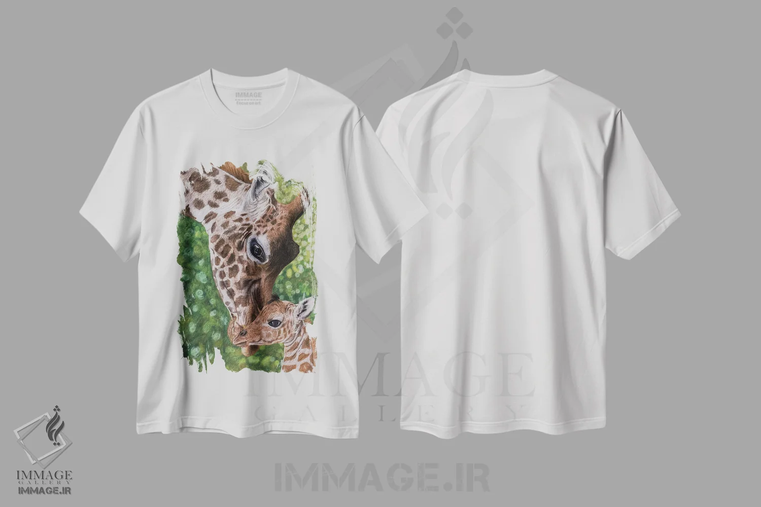 تیشرت سفید طرح دار – تیشرت حیوانات ,"زرافه ها" اثر میخائیل ودرنیکوف فروشگاه ایماژ
