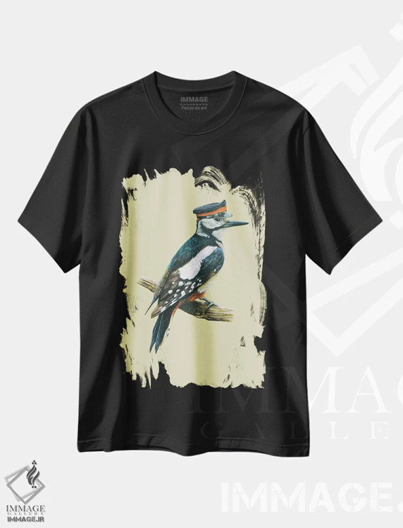تیشرت مشکی طرح دار – تیشرت حیوانات ,"دارکوب خال دار بزرگ" اثر میخائیل ودرنیکوف immage.ir