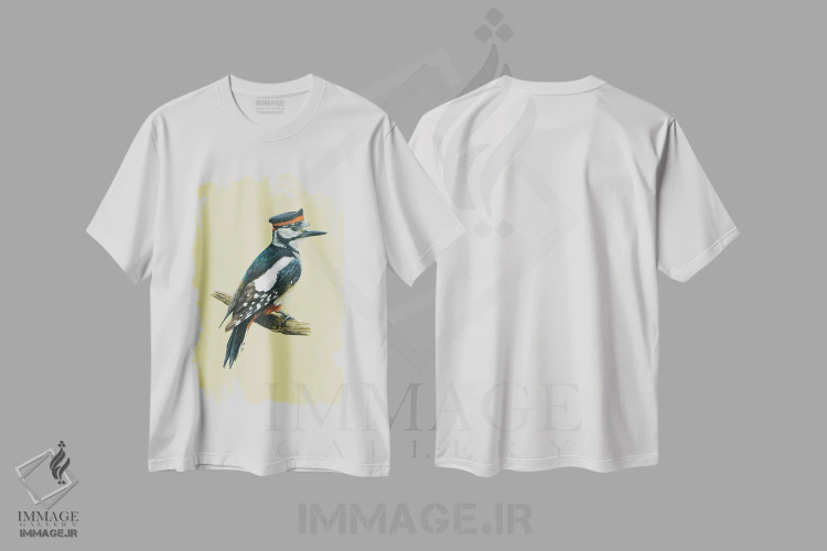 تیشرت سفید طرح دار – تیشرت حیوانات ,"دارکوب خال دار بزرگ" اثر میخائیل ودرنیکوف فروشگاه ایماژ