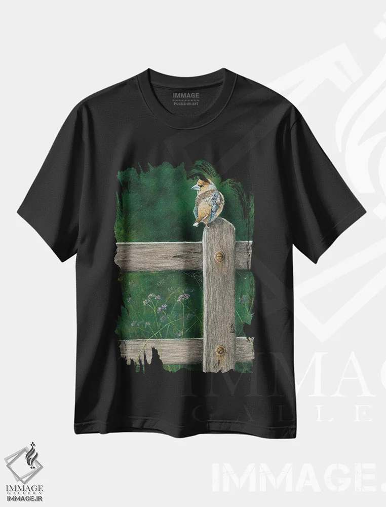 تیشرت مشکی طرح دار – تیشرت حیوانات ,"دارکوب نوک کلفت" اثر میخائیل ودرنیکوف فروشگاه ایماژ