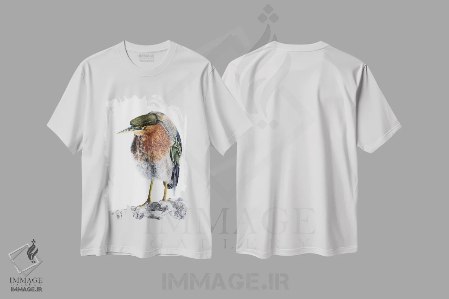 تیشرت سفید طرح دار – تیشرت طبیعت ,"مرغ آبزی سبز" اثر میخائیل ودرنیکوف فروشگاه ایماژ