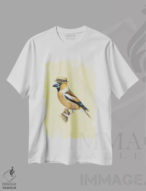 تیشرت سفید طرح دار – تیشرت پرنده ,"دارکوب نوک کلفت " اثر میخائیل ودرنیکوف فروشگاه ایماژ