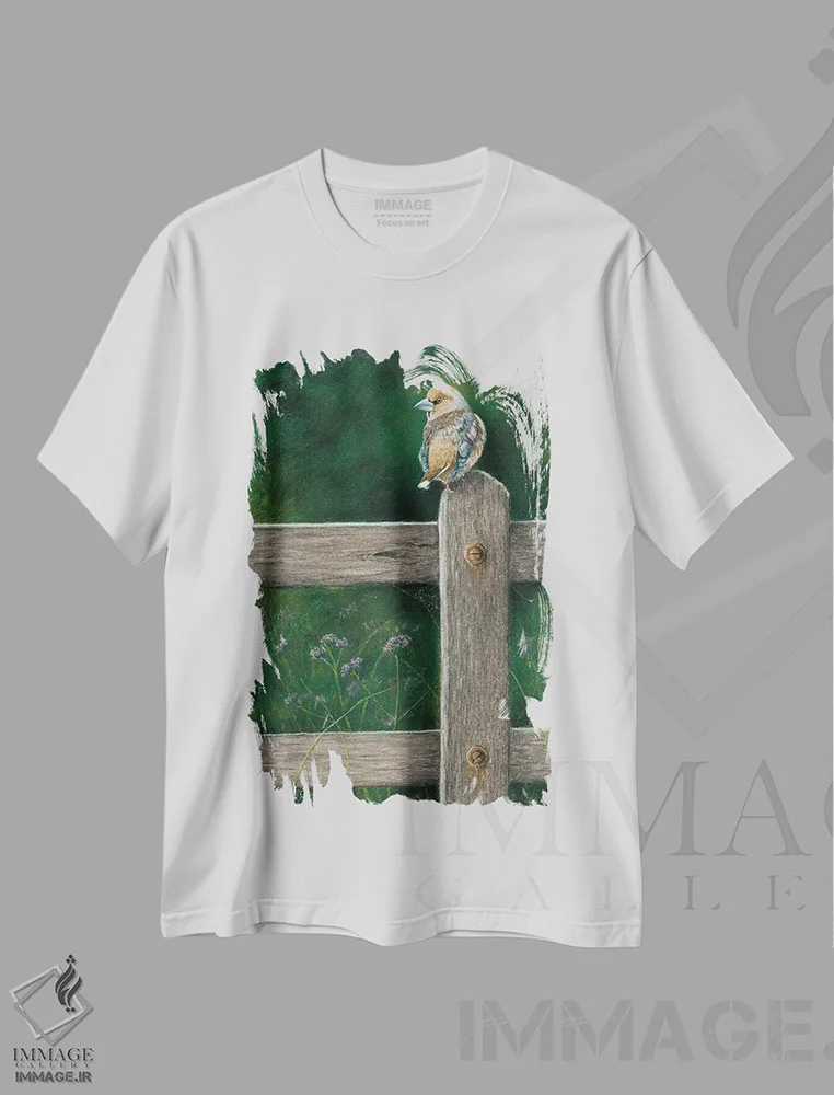 تیشرت سفید طرح دار – تیشرت حیوانات ,"دارکوب نوک کلفت" اثر میخائیل ودرنیکوف immage.ir