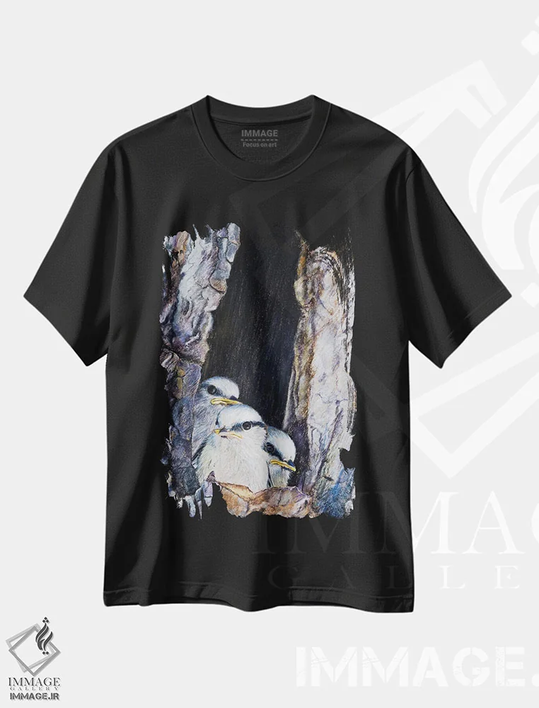 تیشرت مشکی طرح دار – تیشرت طبیعت ,"سهره آبی" اثر میخائیل ودرنیکوف فروشگاه ایماژ