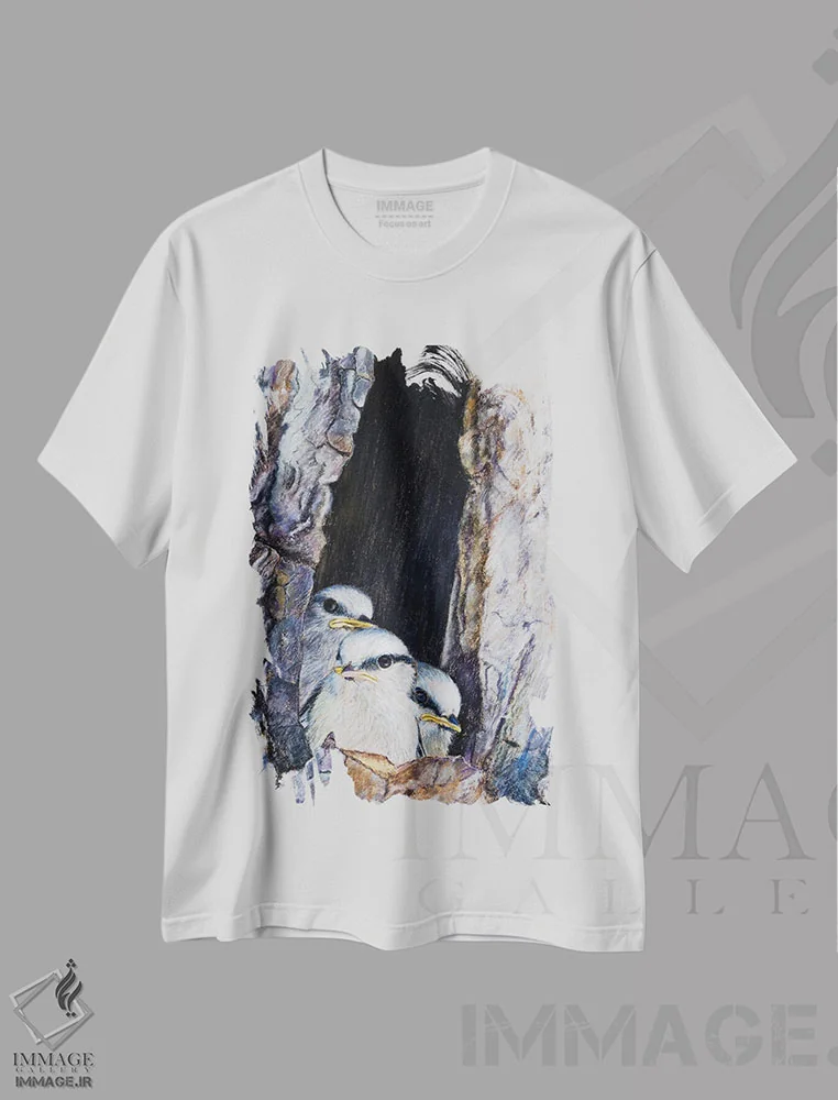 تیشرت سفید طرح دار – تیشرت طبیعت ,"سهره آبی" اثر میخائیل ودرنیکوف immage.ir