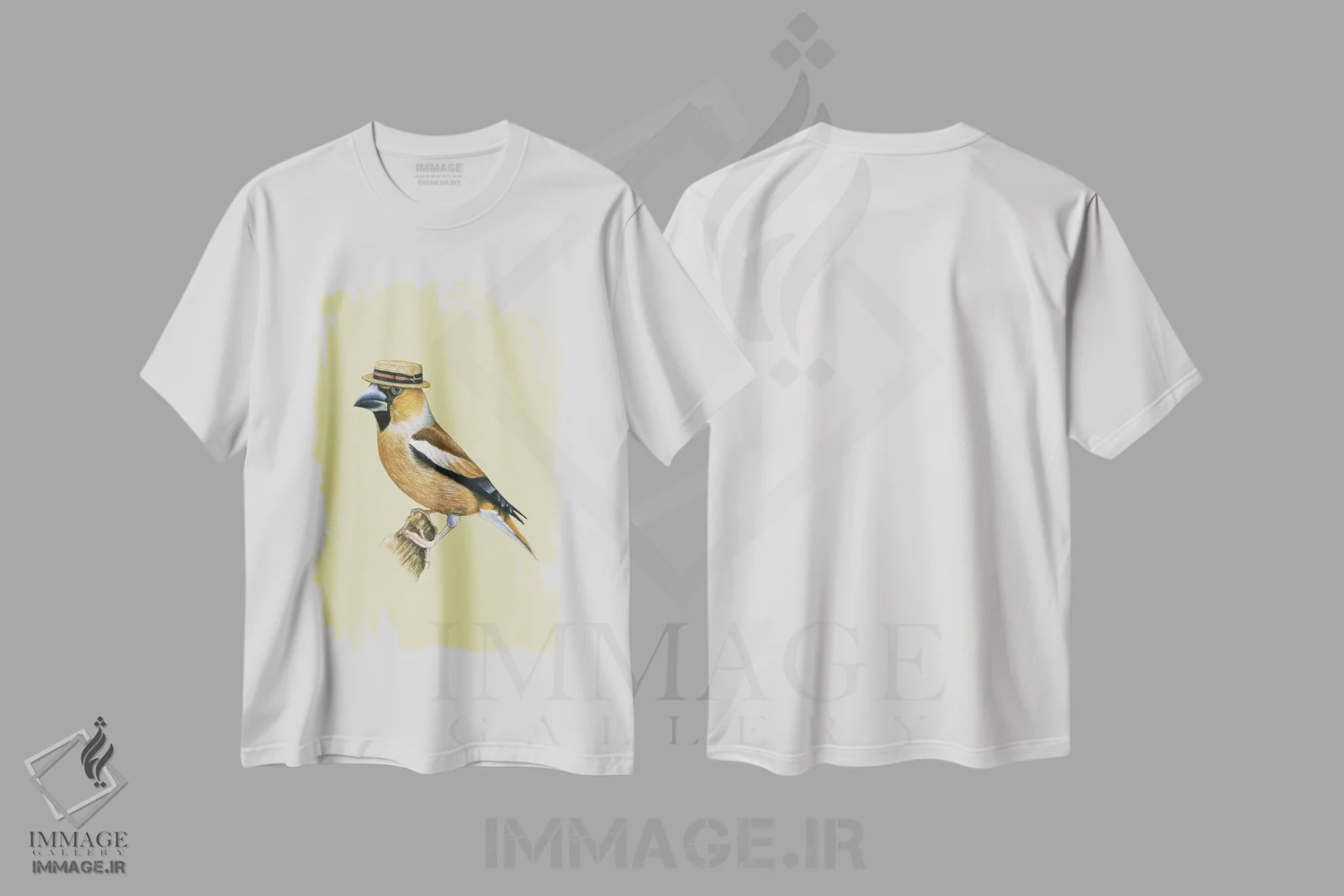 تیشرت سفید طرح دار – تیشرت پرنده ,"دارکوب نوک کلفت " اثر میخائیل ودرنیکوف فروشگاه ایماژ