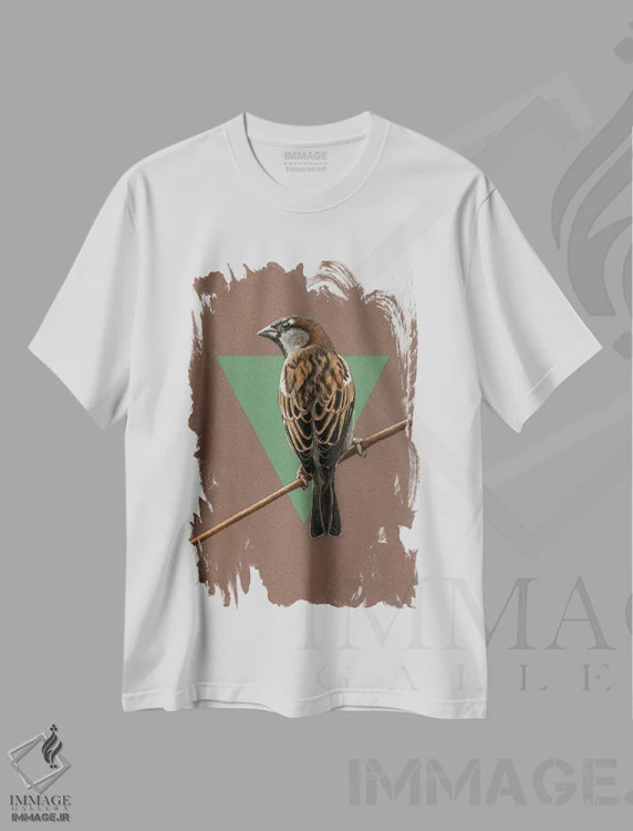 تیشرت سفید طرح دار – تیشرت طبیعت ,"گنجشک خانگی" اثر میخائیل ودرنیکوف immage.ir