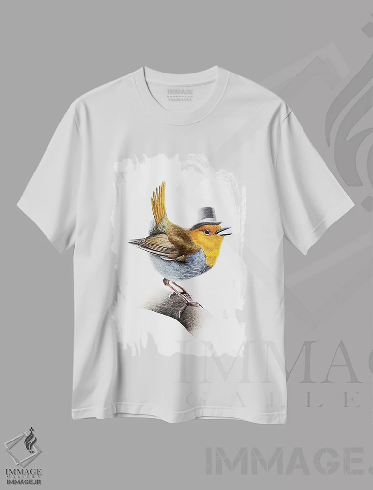 تیشرت سفید طرح دار – تیشرت طبیعت ,"مرغ سهره ژاپنی" اثر میخائیل ودرنیکوف immage.ir