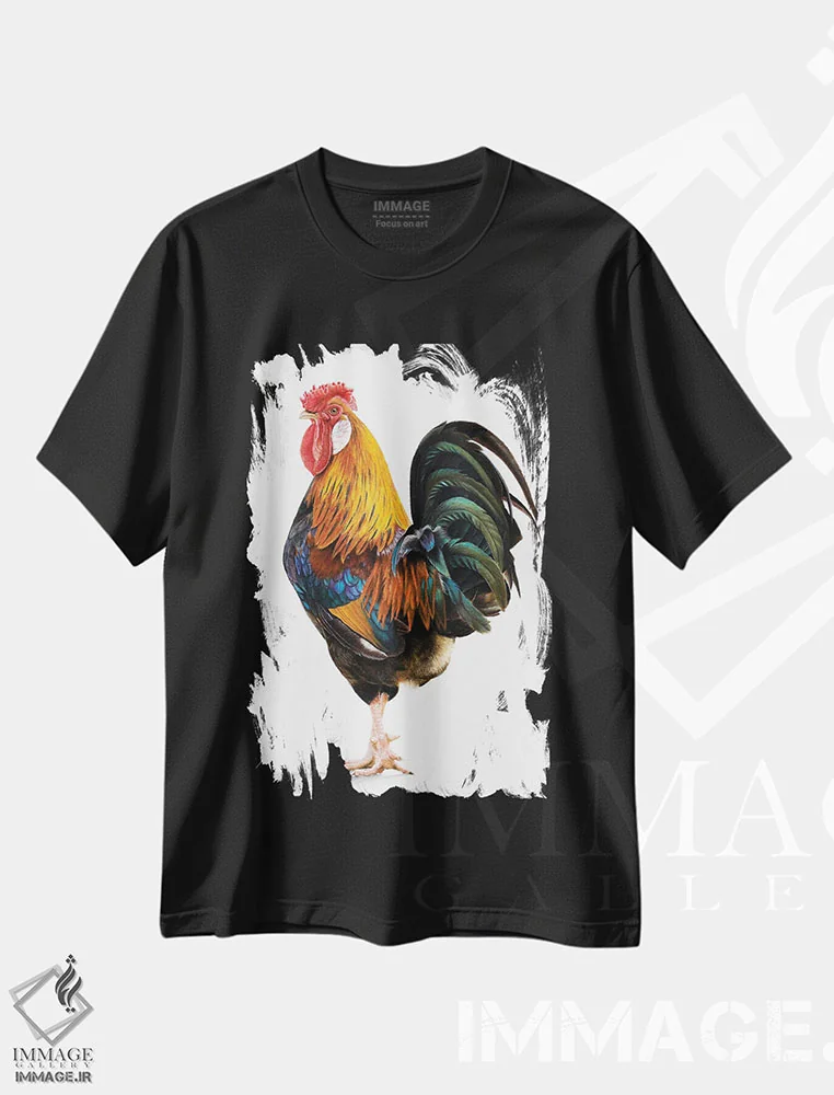 تیشرت مشکی طرح دار – تیشرت حیوانات ,"خروس" اثر میخائیل ودرنیکوف فروشگاه ایماژ