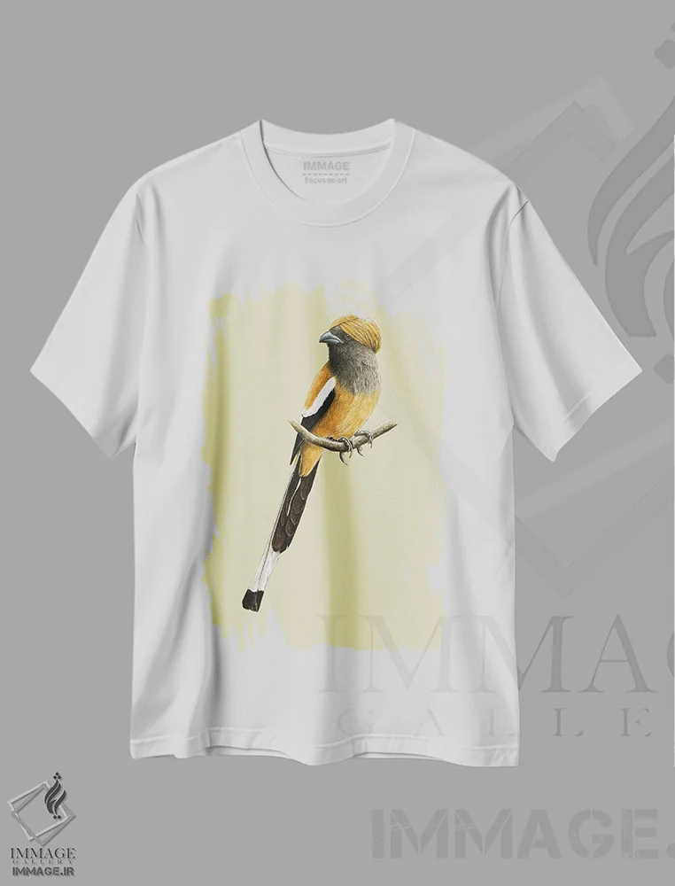 تیشرت سفید طرح دار – تیشرت حیوانات ,"کلاغ درختی سرخ" اثر میخائیل ودرنیکوف فروشگاه ایماژ