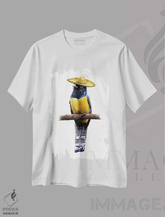 تیشرت سفید طرح دار – تیشرت پرنده ,"مرغ تروگون بنفش" اثر میخائیل ودرنیکوف فروشگاه ایماژ