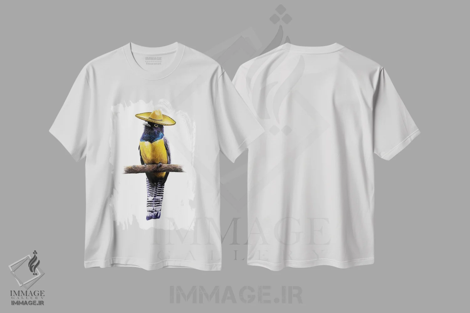تیشرت سفید طرح دار – تیشرت پرنده ,"مرغ تروگون بنفش" اثر میخائیل ودرنیکوف فروشگاه ایماژ