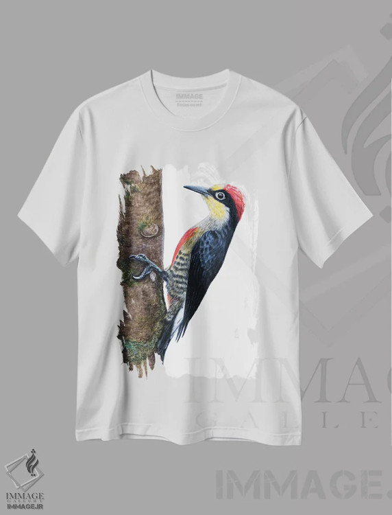 تیشرت سفید طرح دار – تیشرت طبیعت ,"دارکوب پیشانی زرد" اثر میخائیل ودرنیکوف فروشگاه ایماژ