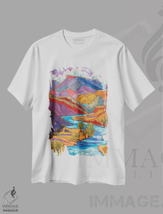 تیشرت سفید طرح دار – تیشرت منظره ,آسمان های تابستانی بالای رودخانه های خروشان اثر میشل کریسمن فروشگاه ایماژ
