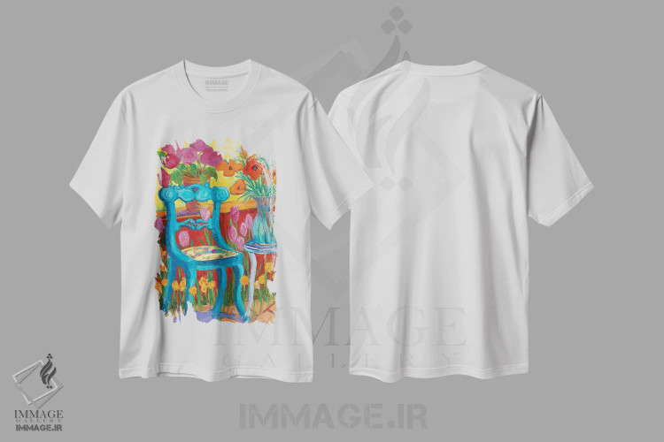 تیشرت سفید طرح دار – تیشرت هنری ,صندلی باغ آبی اثر میشل کریسمن immage.ir