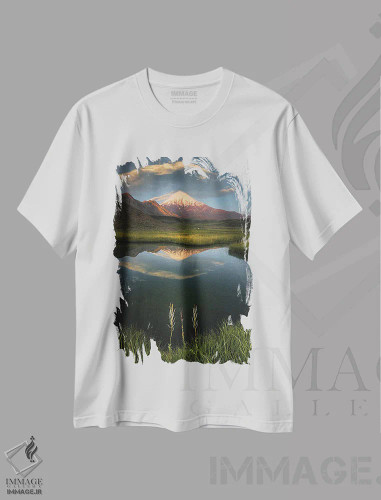 تیشرت سفید طرح دار – تیشرت طبیعت ایران ,دست خدا روی کوه دماوند اثر مجید بهزاد فروشگاه ایماژ