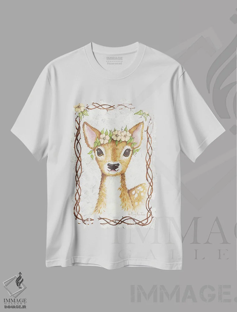 تیشرت سفید طرح دار – تیشرت حیوانات ,آهو اثر مری آن جون immage.ir