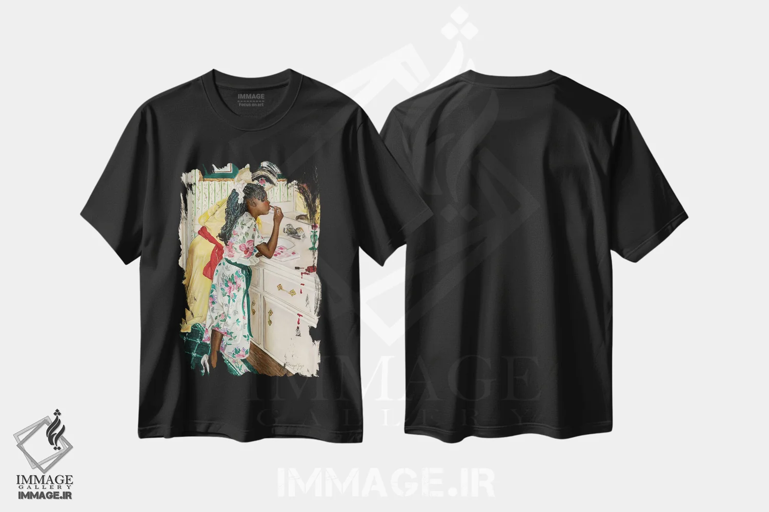 تیشرت مشکی طرح دار – تیشرت هنری ,دردسر اثر مریل جی immage.ir