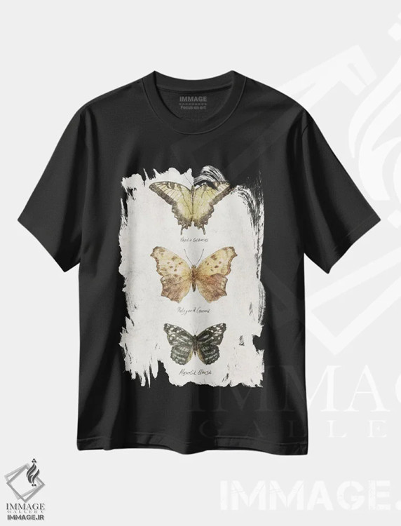 تیشرت مشکی طرح دار – تیشرت پروانه ,پروانه ها اثر مایک کوبو immage.ir