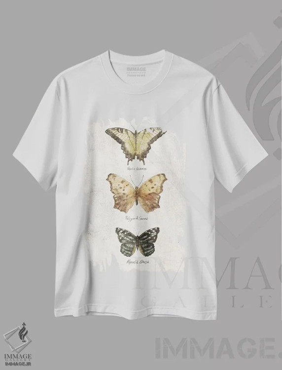 تیشرت سفید طرح دار – تیشرت پروانه ,پروانه ها اثر مایک کوبو فروشگاه ایماژ