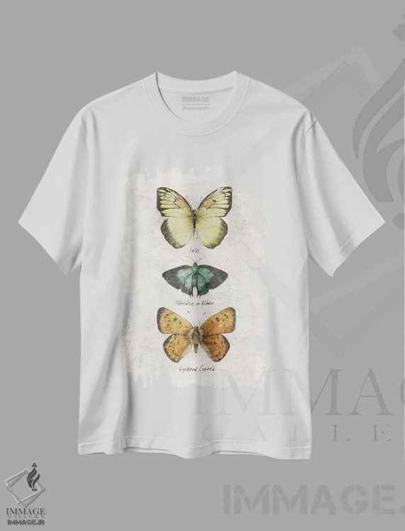 تیشرت سفید طرح دار – تیشرت طبیعت ,پروانه ها اثر مایک کوبو immage.ir