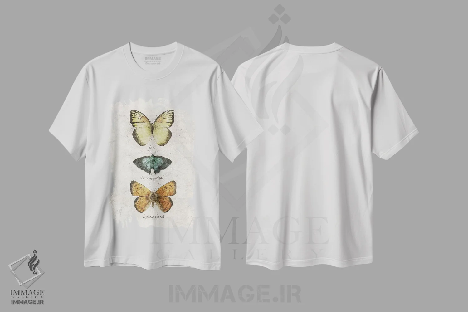 تیشرت سفید طرح دار – تیشرت طبیعت ,پروانه ها اثر مایک کوبو immage.ir
