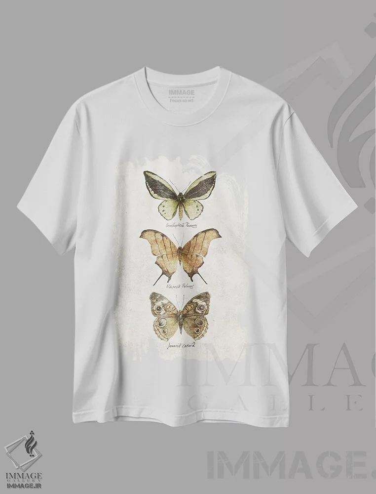 تیشرت سفید طرح دار – تیشرت طبیعت ,پروانه ها اثر مایک کوبو immage.ir