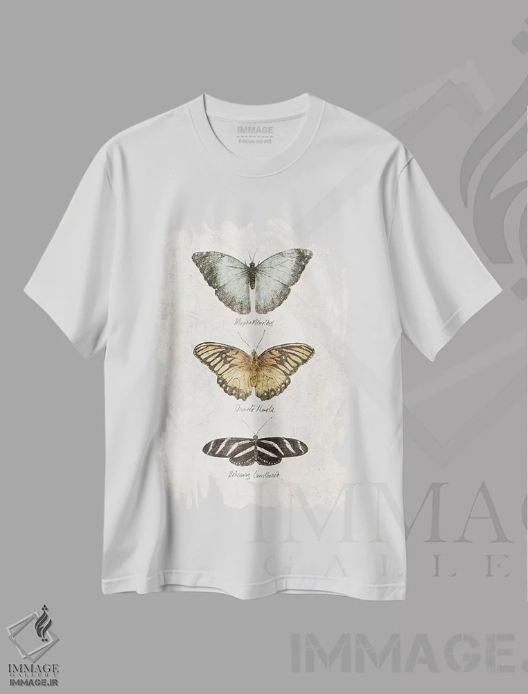 تیشرت سفید طرح دار – تیشرت طبیعت ,پروانه ها اثر مایک کوبو فروشگاه ایماژ