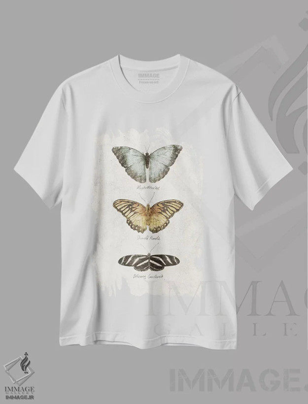 تیشرت سفید طرح دار – تیشرت طبیعت ,پروانه ها اثر مایک کوبو فروشگاه ایماژ