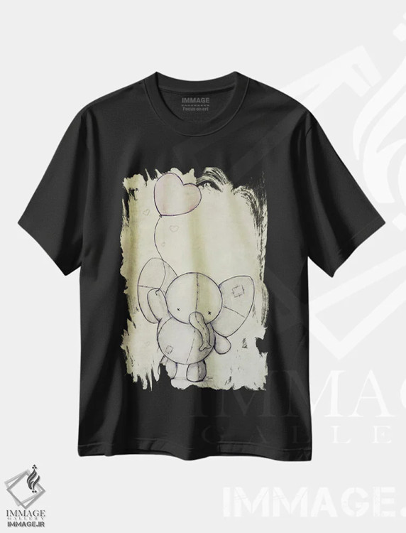 تیشرت مشکی طرح دار – تیشرت هنری کودکانه ,فیل بامزه با یک بادکنک اثر مایک کوبو فروشگاه ایماژ