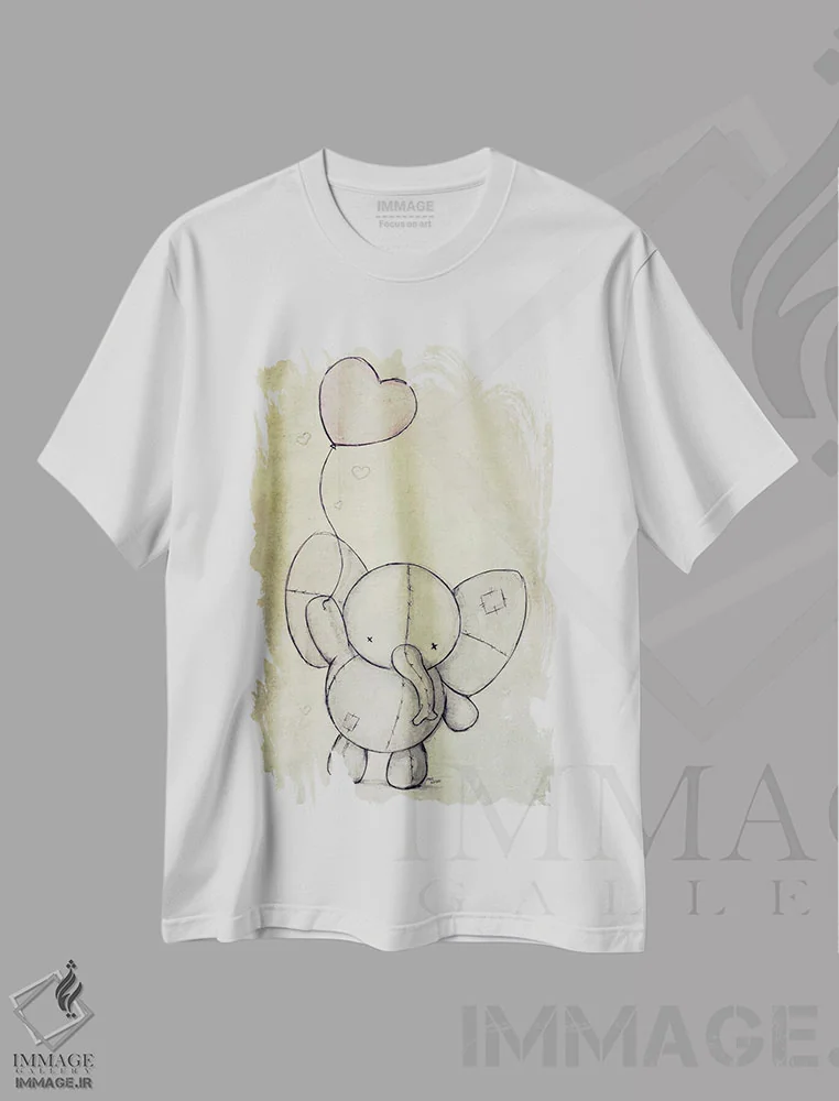 تیشرت سفید طرح دار – تیشرت هنری کودکانه ,فیل بامزه با یک بادکنک اثر مایک کوبو immage.ir