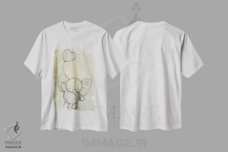 تیشرت سفید طرح دار – تیشرت هنری کودکانه ,فیل بامزه با یک بادکنک اثر مایک کوبو immage.ir