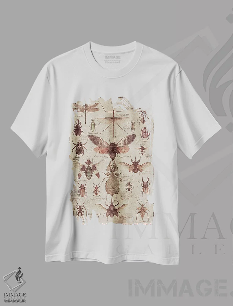 تیشرت سفید طرح دار – تیشرت هنری وینتیج ,حشرات قدیمی اثر مایک کوبو immage.ir
