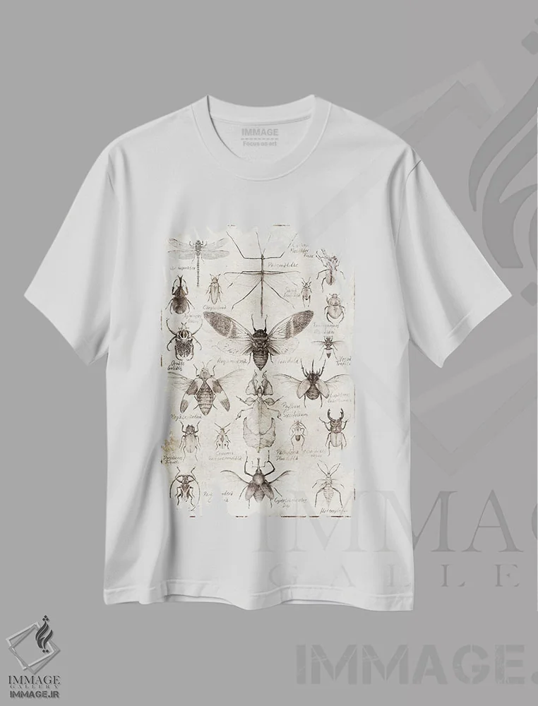 تیشرت سفید طرح دار – تیشرت هنری ,حشرات سیاه وسفید اثر مایک کوبو فروشگاه ایماژ