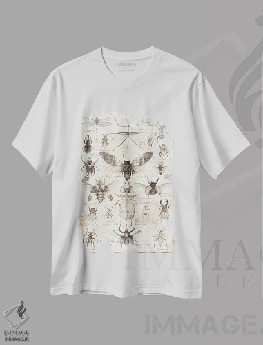 تیشرت سفید طرح دار – تیشرت هنری ,حشرات سیاه وسفید اثر مایک کوبو فروشگاه ایماژ