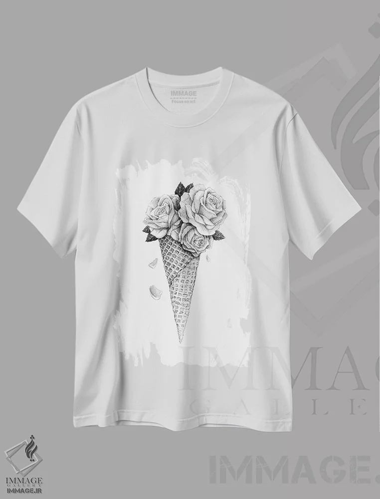 تیشرت سفید طرح دار – تیشرت هنری ,گل یخ اثر مایک کوبو فروشگاه ایماژ