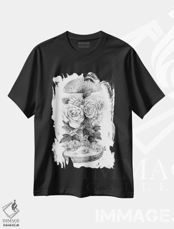تیشرت مشکی طرح دار – تیشرت فانتزی ,برگر گل اثر مایک کوبو فروشگاه ایماژ