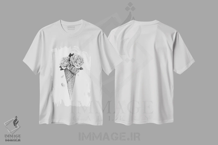 تیشرت سفید طرح دار – تیشرت هنری ,گل یخ اثر مایک کوبو فروشگاه ایماژ